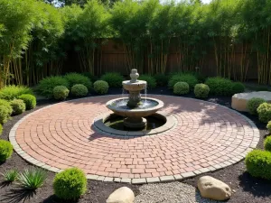 Zen Garden Round Brick Patio - Circular brick patio with basket weave pattern, surrounded by bamboo plants, featuring a central water feature and gravel border with carefully placed large stones