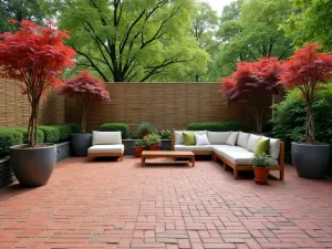 Zen-Inspired Brick Patio - Red brick patio with simple grid pattern, featuring Japanese maple trees in large planters, bamboo screens, and minimalist outdoor furniture in natural tones