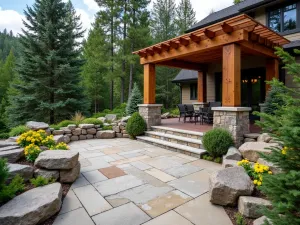 Alpine Garden Flagstone - Mountain-style flagstone patio with rugged stone pieces, surrounded by alpine plants and evergreens, featuring a rustic wooden pergola