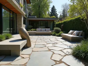 Artistic Flagstone Layout - Contemporary patio featuring irregular flagstones arranged in an artistic pattern, with built-in bench seating and modern sculpture elements