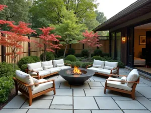 Asian Zen Flagstone Garden - A peaceful Asian-inspired flagstone patio featuring a modern fire bowl, bamboo screens, Japanese maples, and minimalist furniture arrangements