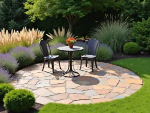 Circular Flagstone Haven - A small circular flagstone patio with irregular-shaped stones in warm earth tones, surrounded by lavender and ornamental grasses, with a cozy bistro set for two