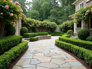 Classic English Flagstone - Traditional flagstone patio with yorkstone pavers, surrounded by perfectly manicured boxwood hedges and climbing roses on stone walls