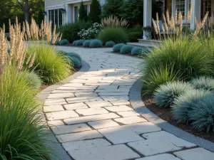 Coastal Garden Border - Beach-inspired flagstone patio edge with ornamental grasses, blue fescue, and maritime plants creating a seaside atmosphere, photorealistic