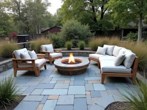 Coastal Flagstone Fire Pit Lounge - A beach-inspired flagstone patio with a modern gas fire pit, featuring weathered teak furniture, coastal grasses, and blue-gray stone in a random pattern