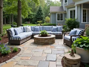 Coastal Flagstone Retreat - Beach-inspired flagstone patio with weathered stones, coastal plantings, navy and white striped cushions, and rope accents