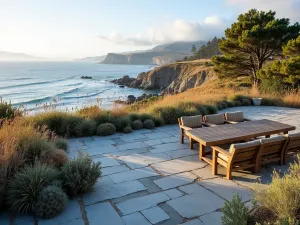 Coastal Flagstone Terrace - Weathered blue-grey flagstone patio overlooking coastal views, with ornamental grasses, Russian sage, and native coastal plants, featuring weathered teak furniture