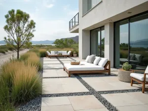 Coastal Modern Flagstone - Beach-inspired modern patio with light sandstone pavers, contemporary white furniture, and coastal grasses in linear arrangements