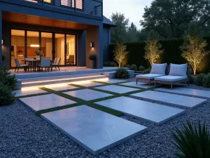 Contemporary Floating Flagstone - Modern flagstone patio with floating stone slabs set in geometric patterns over crushed granite, featuring minimalist outdoor furniture and LED strip lighting between stones, photographed at dusk