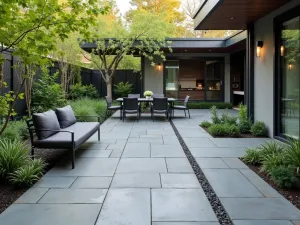 Contemporary Rain Garden - Modern flagstone patio with permeable joints, rain garden plants, and sleek metal furniture with charcoal cushions