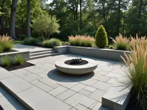 Contemporary Split-Level Flagstone - A modern split-level flagstone patio with a sculptural fire pit, featuring clean lines, geometric patterns, and architectural grasses