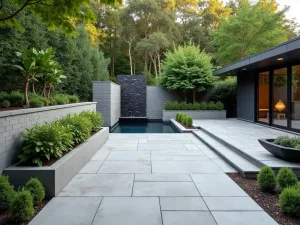 Contemporary Water Feature Flagstone - Modern flagstone patio with large format stones, featuring a contemporary water wall and architectural plants in minimalist concrete planters