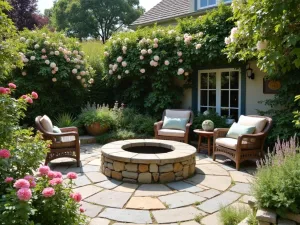 Cottage Garden Flagstone Nook - A charming cottage-style flagstone patio with a rounded stone fire pit, featuring climbing roses, perennial flowers, and vintage garden furniture