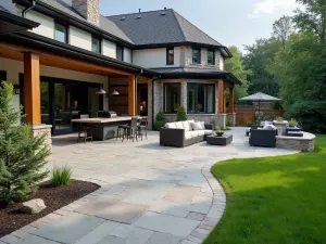 Curved Flagstone Entertainment Space - Modern curved flagstone patio with oversized pavers, featuring a built-in outdoor kitchen with waterfall countertop and contemporary lounge furniture