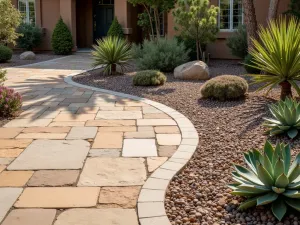 Desert Garden Border - Southwestern style flagstone patio edge with drought-resistant succulents and decorative gravel creating a striking border between stone and landscape, photorealistic