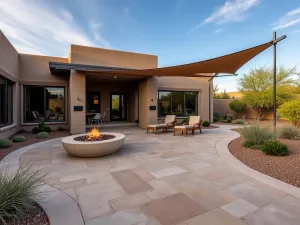 Desert Modern Flagstone - Southwestern modern patio with large format flagstones, surrounded by desert landscaping, featuring built-in concrete fire pit and angular metal shade structure