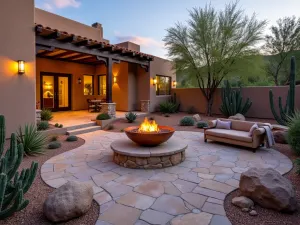 Desert Oasis Flagstone Fire Pit Area - A southwestern-style flagstone patio with a raised copper fire bowl, surrounded by desert landscaping, featuring natural stone seating and accent lighting among cacti and succulents