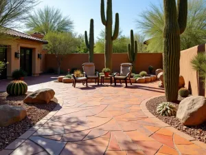 Desert Oasis Flagstone - Southwestern-style flagstone patio with warm red and orange tones, surrounded by desert landscaping featuring tall saguaro cacti, barrel cacti, and decorative rocks