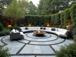 Echo Modern Flagstone - Contemporary patio with repeating circular flagstone patterns, central fire bowl, and modern lounge seating surrounded by architectural plants