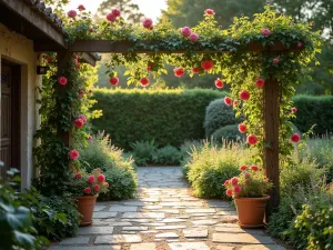 English Cottage Flagstone Path - A weathered flagstone patio with climbing roses on timber posts, surrounded by cottage garden perennials and herbs, warm evening light