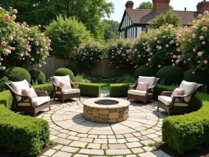 English Garden Flagstone Circle - A traditional English garden-style circular flagstone patio with a central fire pit, surrounded by climbing roses, boxwood hedges, and comfortable garden furniture