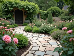 English Garden Edge - Traditional flagstone patio with curved edges bordered by lush English roses and catmint, creating a romantic cottage garden feel, photorealistic