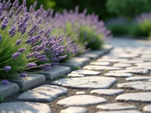 Natural Stone Border with Lavender - A flagstone patio edge featuring irregular-shaped stones artfully arranged with blooming lavender plants spilling over, creating a soft purple border against the warm grey stone, photorealistic