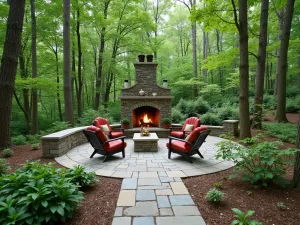 Forest Edge Flagstone - Natural flagstone patio at forest edge with native woodland plants, featuring a stone fireplace and comfortable outdoor seating area