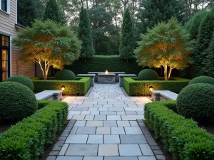 Formal Box Border - Classic flagstone patio with precisely trimmed boxwood hedge creating a formal edge, complemented by symmetrical lighting, photorealistic