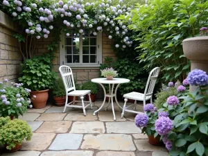 French Country Flagstone - Romantic small flagstone patio with weathered limestone, potted lavender, vintage bistro set, and climbing hydrangea on stone wall