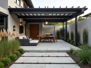 Industrial Flagstone Fusion - Modern industrial patio with rectangular flagstones, steel beam pergola, and concrete wall panels, accented with tall ornamental grasses