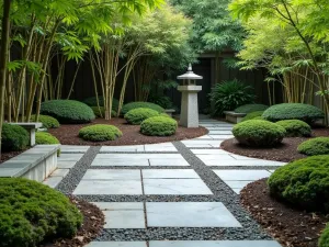 Japanese Garden Flagstone - Zen-inspired flagstone patio with carefully placed grey stones, surrounded by Japanese maples, bamboo, and moss gardens, with a stone lantern feature