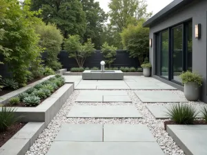 Linear Flagstone Layout - Contemporary patio with long rectangular flagstones laid in a staggered pattern, bordered by white pebbles and modern metal planters with succulents