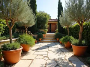 Mediterranean Flagstone Courtyard - A sun-drenched flagstone patio with terracotta pots filled with olive trees and cypress, Mediterranean herbs in stone planters