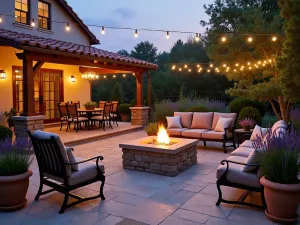 Mediterranean Flagstone Courtyard with Stone Fire Pit - A warm-toned Mediterranean flagstone patio featuring a rustic stone fire pit, terracotta planters with lavender and rosemary, wrought iron furniture, and string lights overhead, photographed at dusk