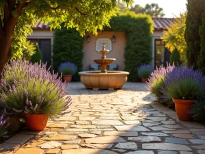 Mediterranean Flagstone Patio with Lavender Border - A sun-drenched Mediterranean flagstone patio featuring irregular honey-colored stones, surrounded by blooming lavender bushes, with terracotta pots and a rustic stone fountain, photographed during golden hour