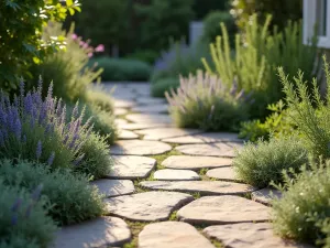 Mediterranean Herb Edge - Sun-washed flagstone patio bordered with Mediterranean herbs creating a fragrant edge with rosemary and sage spilling over stones, photorealistic