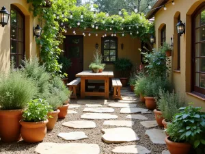 Mediterranean Herb Garden Patio - Small flagstone patio with honey-colored stones, terracotta pots filled with herbs, string lights, and a rustic wooden dining set