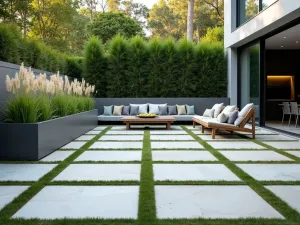 Minimalist Flagstone Grid - Ultra-modern patio with perfectly square flagstones in a precise grid, featuring low-profile furniture and simple steel planters with tall grass