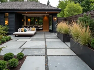 Mixed Material Flagstone Haven - Modern patio design combining large irregular flagstones with black polished concrete sections, featuring built-in concrete benches and cor-ten steel planters with ornamental grasses