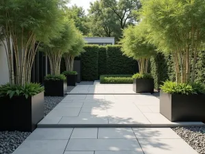 Modern Bamboo Border - Contemporary flagstone patio with clean-lined edge bordered by black bamboo in modern rectangular planters, photorealistic