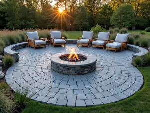 Modern Circular Flagstone Patio with Sunken Fire Pit - A modern circular flagstone patio with a sunken fire pit, featuring irregular gray and blue-toned stones arranged in a concentric pattern, surrounded by low ornamental grasses and modern outdoor furniture, captured during golden hour