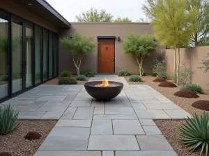 Modern Desert Flagstone - Contemporary small flagstone patio with large format gray stones, surrounded by desert landscaping with succulents and a sleek metal fire bowl