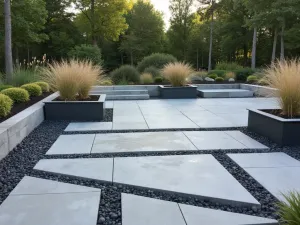 Modern Geometric Flagstone Layout - Contemporary patio with precisely cut rectangular grey flagstones in a geometric pattern, accented by black river rocks in the joints, featuring minimal steel planters with ornamental grasses