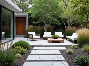 Modern Prairie Flagstone - A contemporary flagstone patio with clean lines, ornamental grasses, and architectural succulents, modern furniture