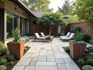 Modern Ranch Flagstone - Contemporary ranch-style flagstone patio with large format stones, featuring architectural succulents, cor-ten steel planters, and modern lounge furniture