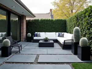 Monochrome Flagstone Design - Sleek modern patio with charcoal grey flagstones in a precise grid pattern, white outdoor sectional, and black architectural planters with silver torch cacti