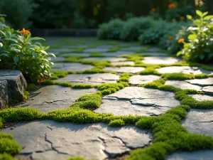 Moss-Filled Stone Edge - Rustic flagstone patio edge with emerald green moss growing between stones, creating a soft, weathered look in dappled shade, photorealistic