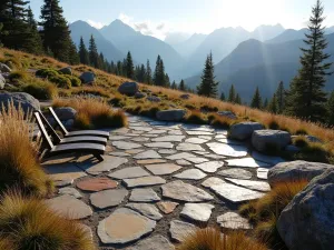 Mountain Retreat Flagstone Terrace - A mountainside flagstone patio with large, irregular stones in grey and rust colors, surrounded by native grasses and alpine plants, with distant mountain views, morning light