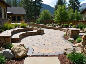 Mountain Stream Flagstone - Rocky mountain-style flagstone patio with natural stone edges, built-in boulder seating, and native wildflowers along the border